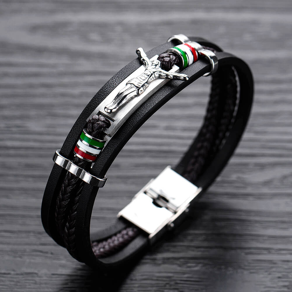 Punk Jesus Suffering Leather Woven Stainless Steel Bracelet