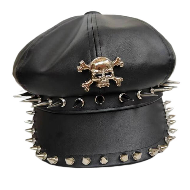 Punk Rivet Skull Pu Leather Newsboy Cap