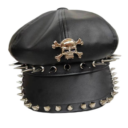 Punk Rivet Skull Pu Leather Newsboy Cap