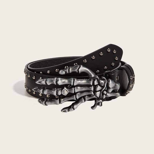 Punk Skull Hand Buckle Rivet Pu Leather Belt