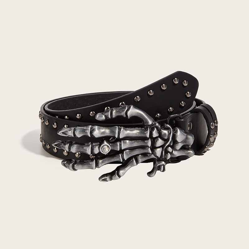 Punk Skull Hand Buckle Rivet Pu Leather Belt