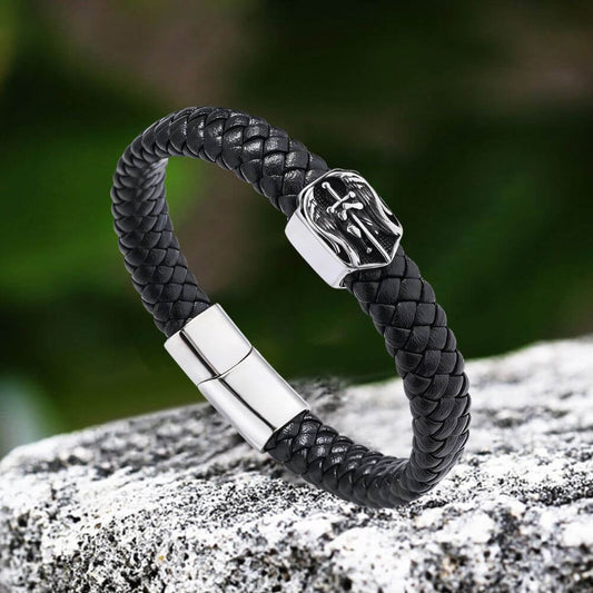 Punk St. Michael Archangel Woven Leather Stainless Steel Bracelet
