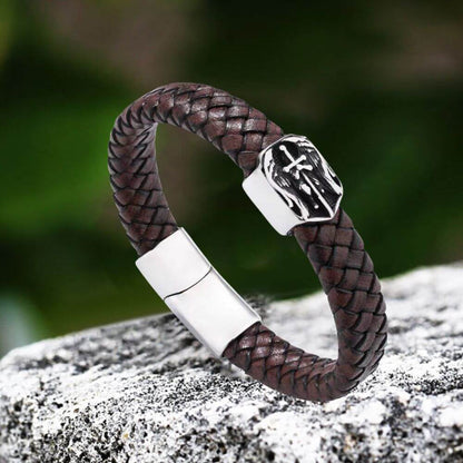 Punk St. Michael Archangel Woven Leather Stainless Steel Bracelet