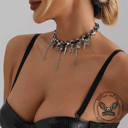 Punk Star Tassel Leather Rope Alloy Choker Necklace