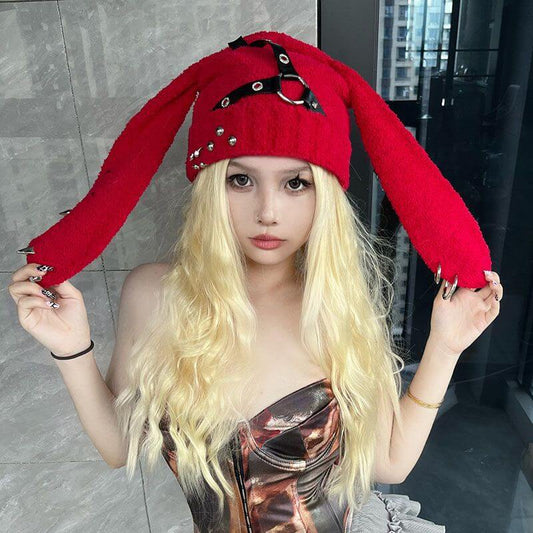 Punk Y2k Leather Buckle Rabbit Ear Rivet Design Hat