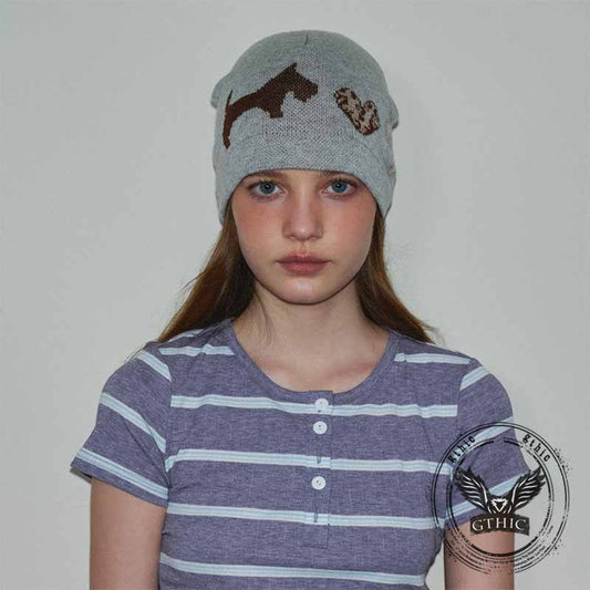 Puppy Heart Jacquard Wool Blend Knitted Beanie Hat
