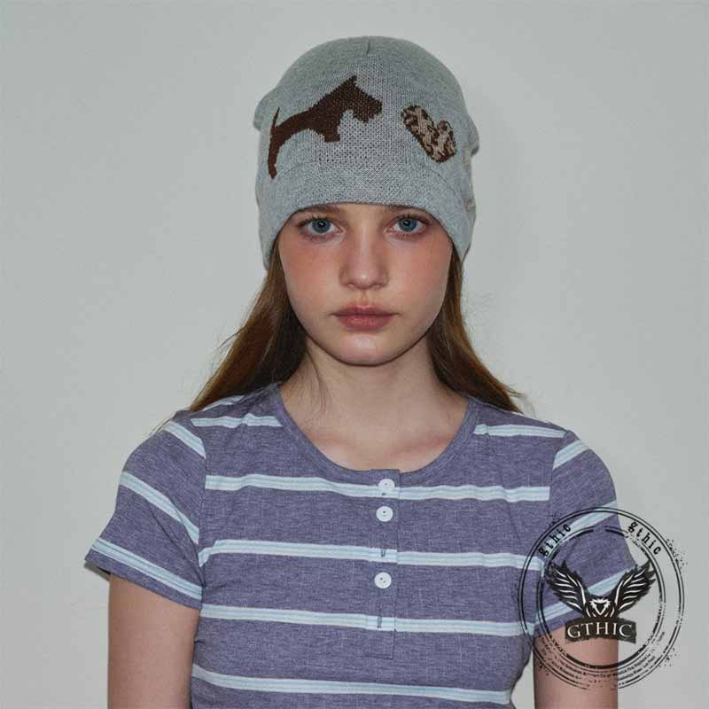 Puppy Heart Jacquard Wool Blend Knitted Beanie Hat