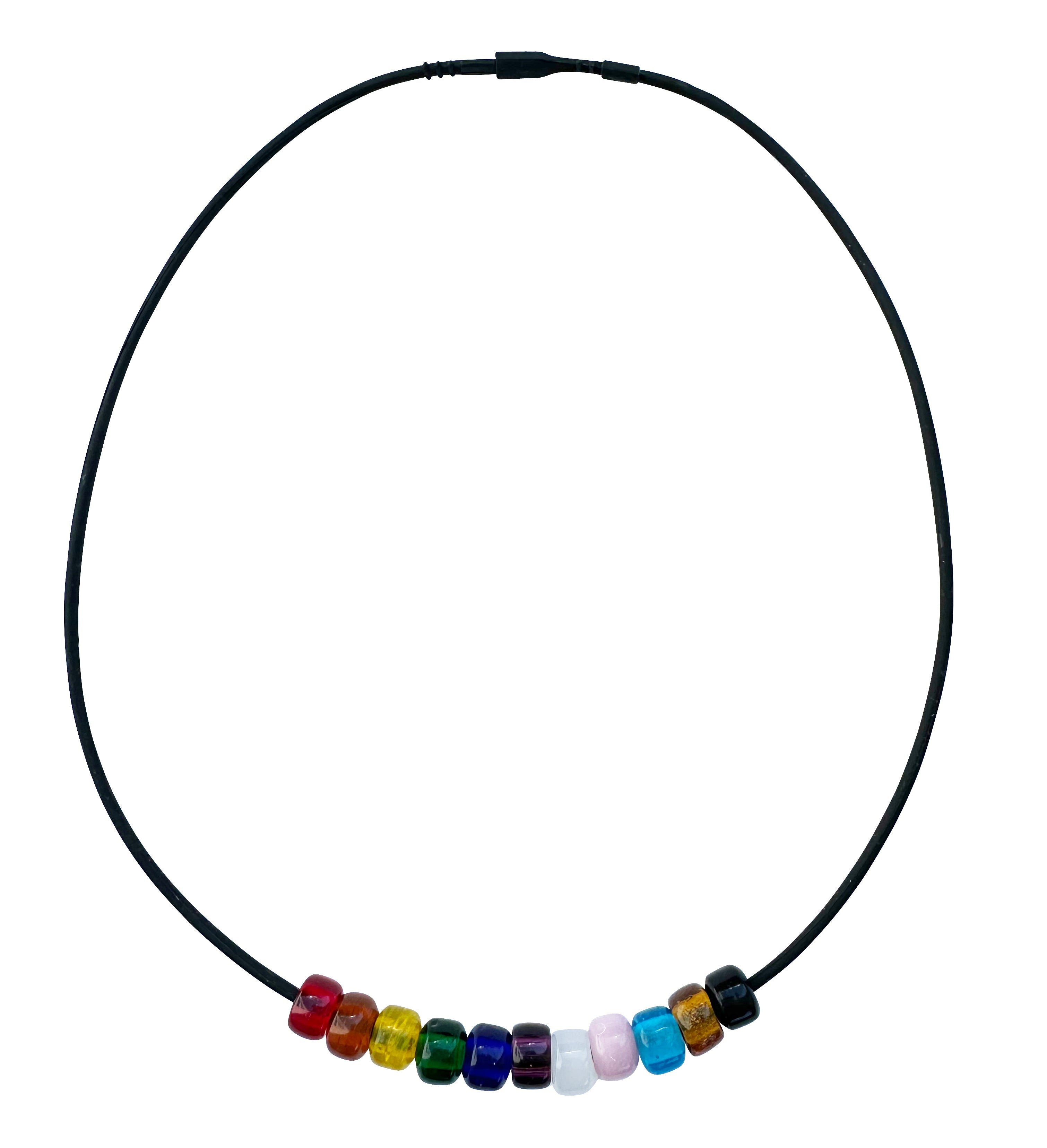 Rainbow Progress Pride Necklace With Czech Glass Beads on Black Rubber Cord, 18 Inches