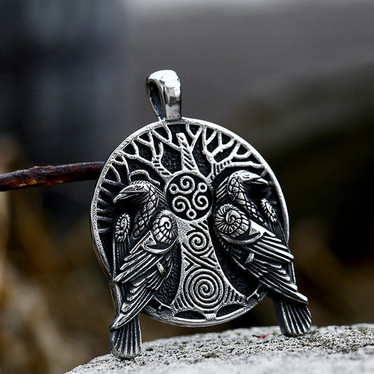 Raven Tree of Life Stainless Steel Viking Pendant
