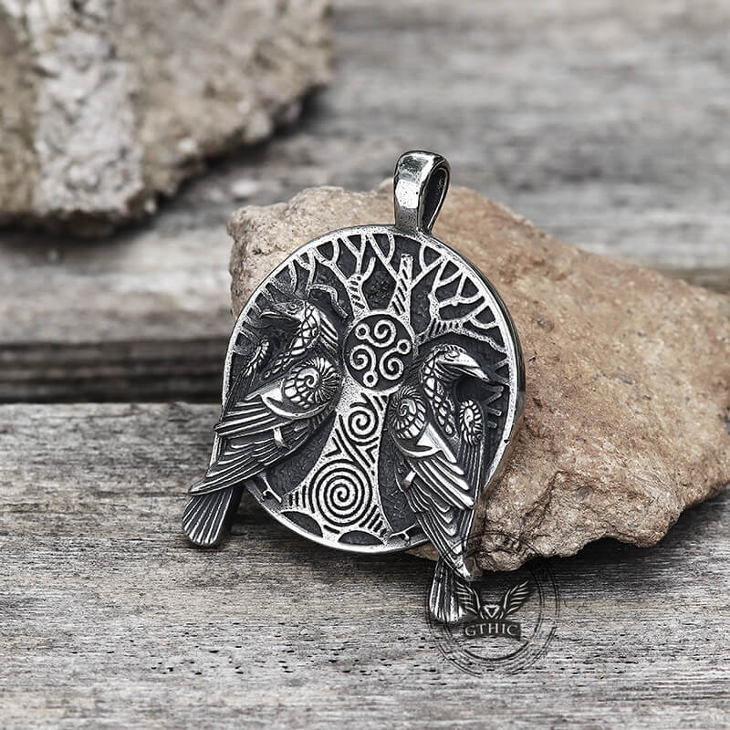 Raven Tree of Life Stainless Steel Viking Pendant