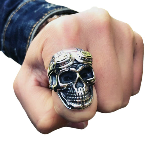 925 Silver Aviator Skull Adjustable Ring for and / Big Heavy Ring / Biker Jewelry