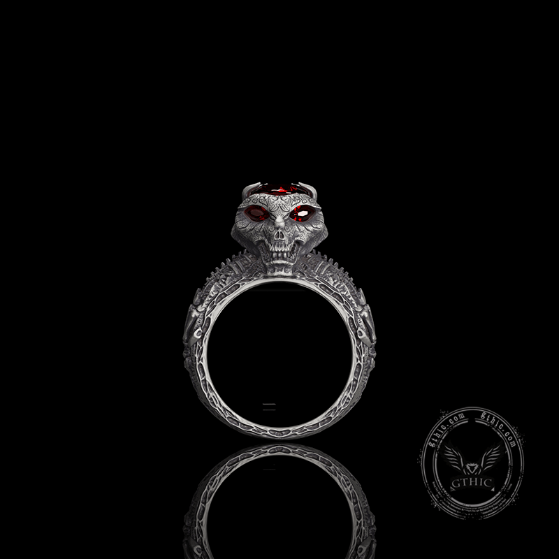 Red Eyed Demon Skull Sterling Silver Ring