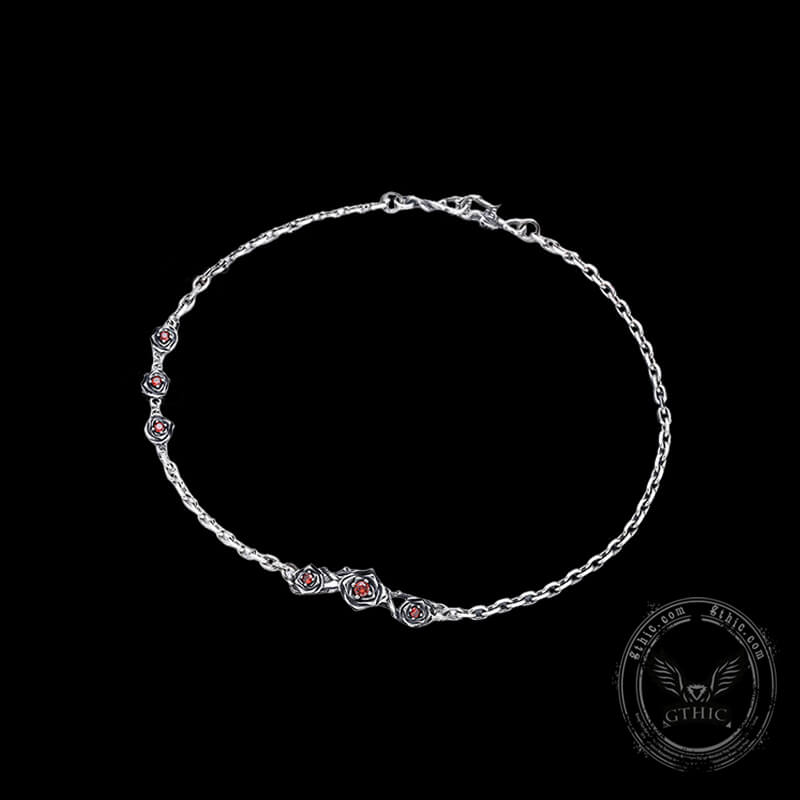 Red Gem-set Roses Sterling Silver Necklace