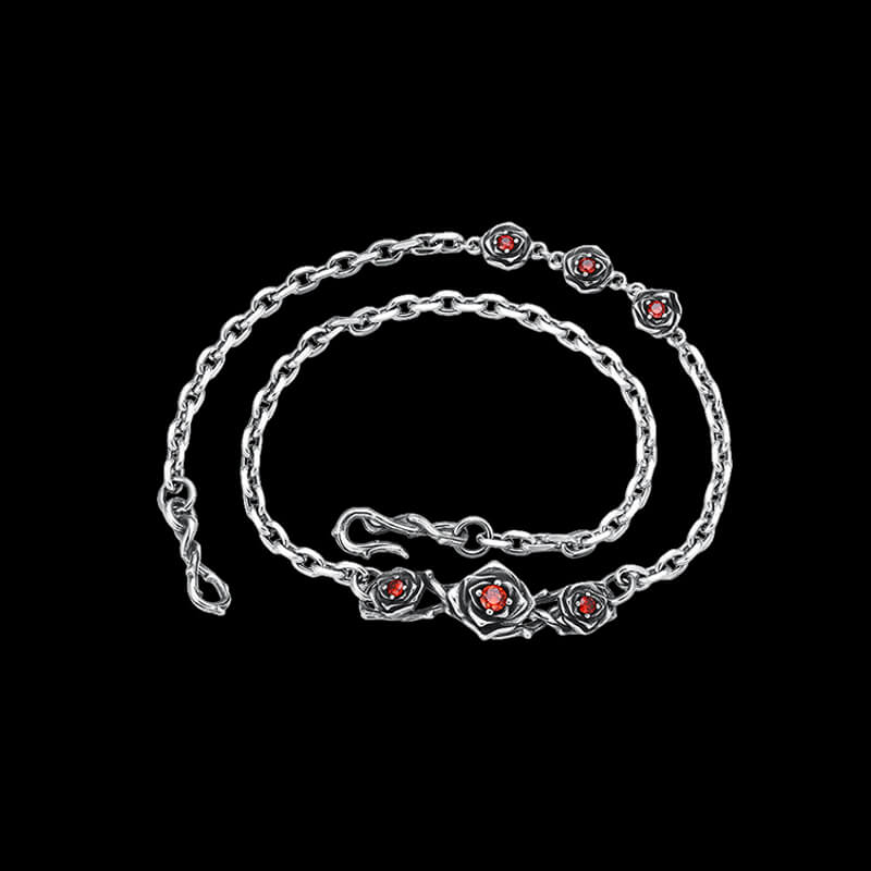 Red Gem-set Roses Sterling Silver Necklace