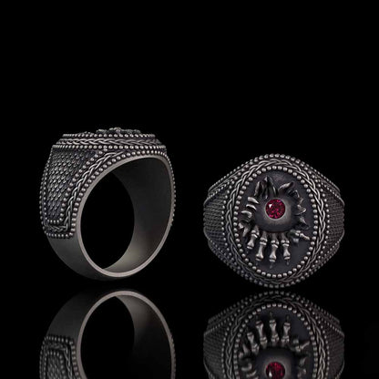 Red Zircon Eye Skull Hand Punk Sterling Silver Ring
