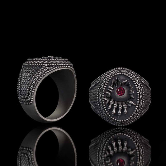 Red Zircon Eye Skull Hand Punk Sterling Silver Ring