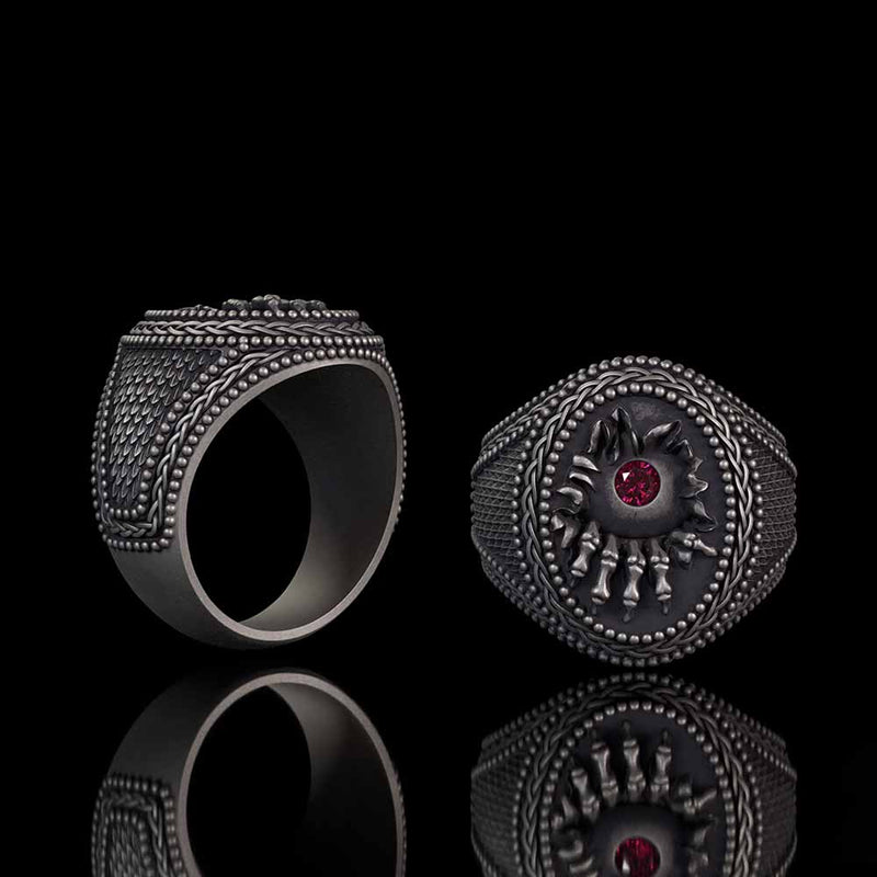 Red Zircon Eye Skull Hand Punk Sterling Silver Ring