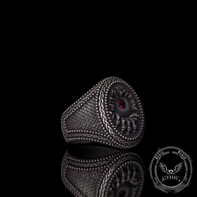 Red Zircon Eye Skull Hand Punk Sterling Silver Ring