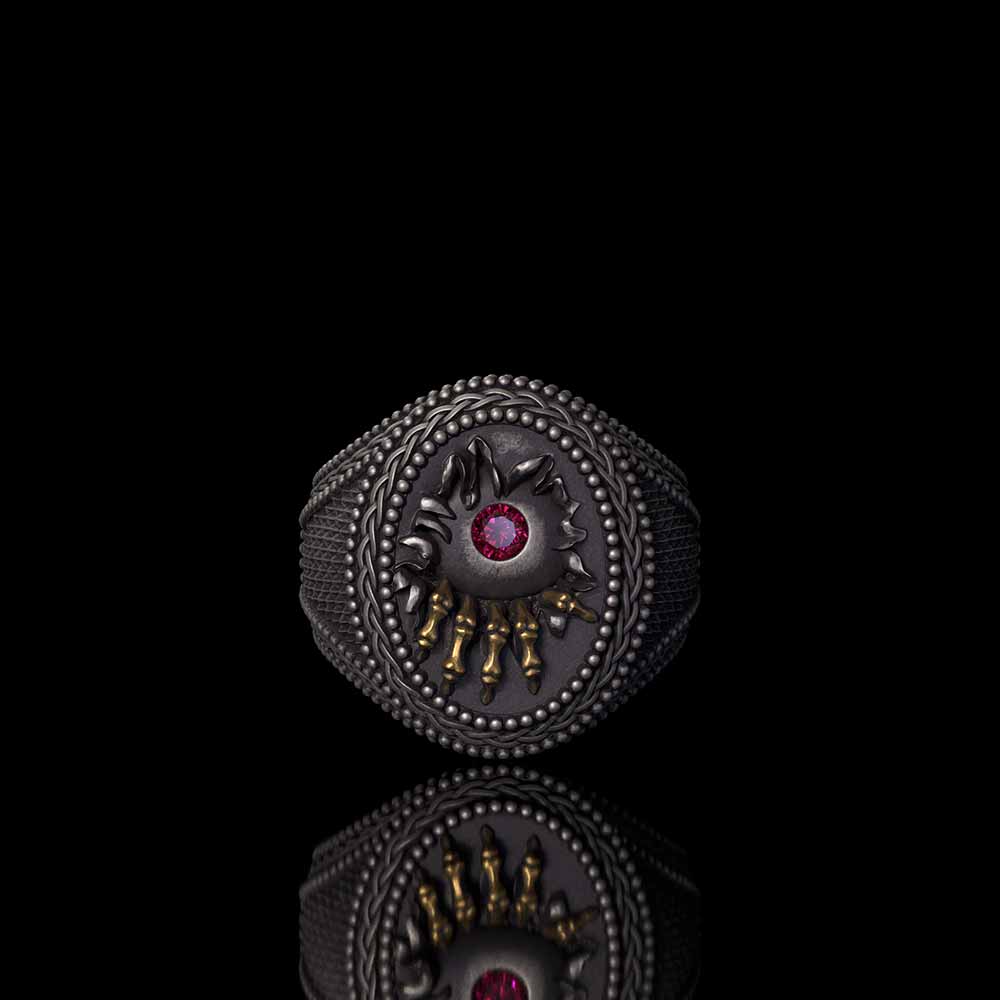 Red Zircon Eye Skull Hand Punk Sterling Silver Ring