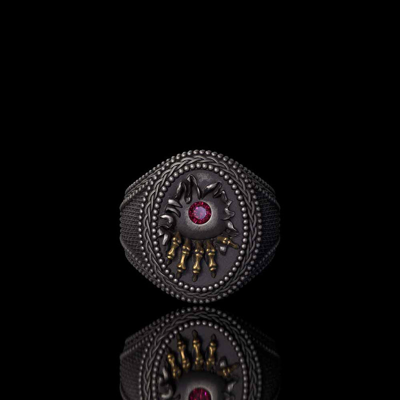 Red Zircon Eye Skull Hand Punk Sterling Silver Ring