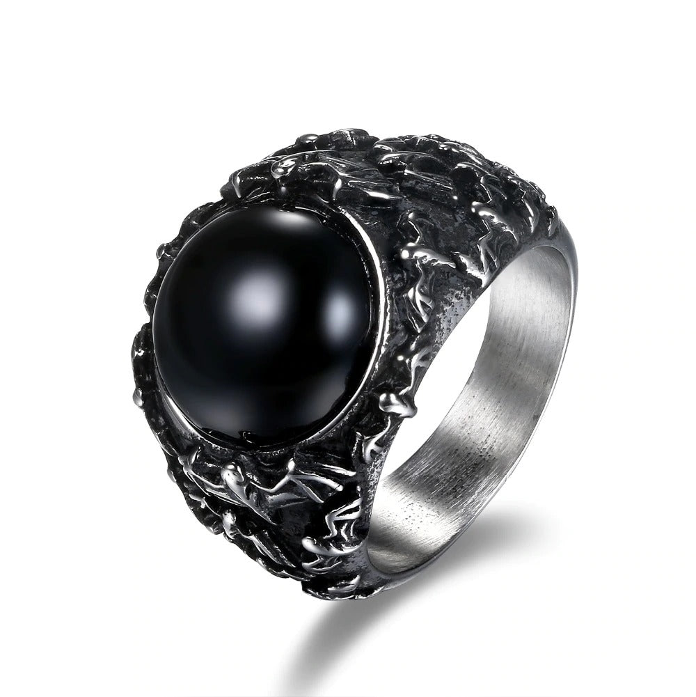 Retro Gothic Black Stainless Steel Ring With Tiger Eye / Rocker Jewelry