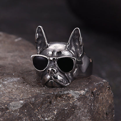 Retro Sunglasses Puppy Drip Glue Stainless Steel Ring