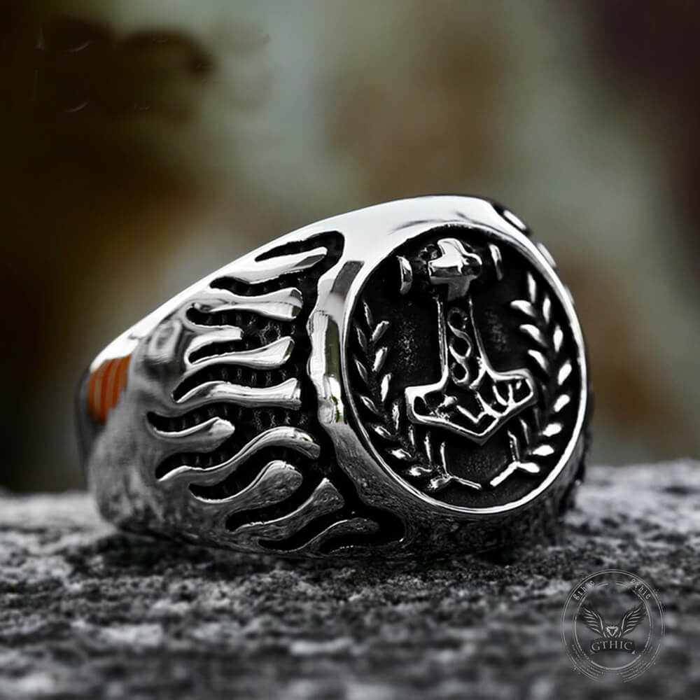 Retro Thor's Hammer Flame Stainless Steel Viking Ring