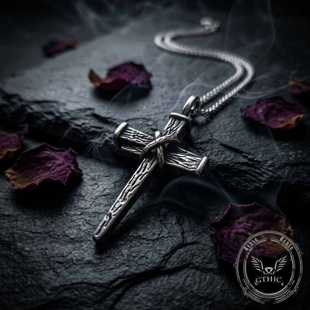 Retro Wooden Stake Cross Stainless Steel Pendant