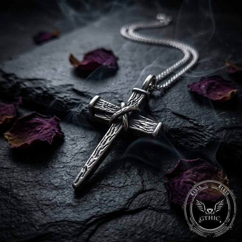 Retro Wooden Stake Cross Stainless Steel Pendant