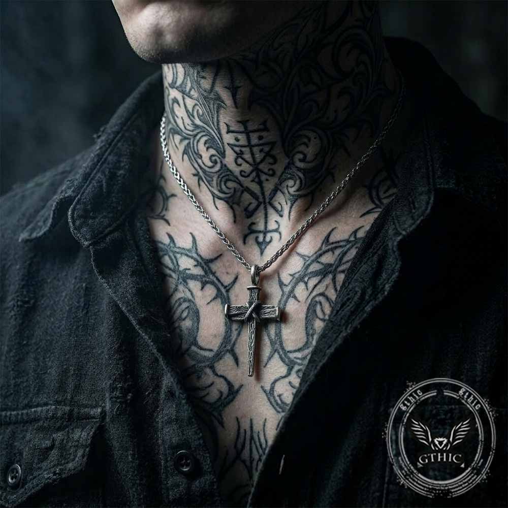 Retro Wooden Stake Cross Stainless Steel Pendant