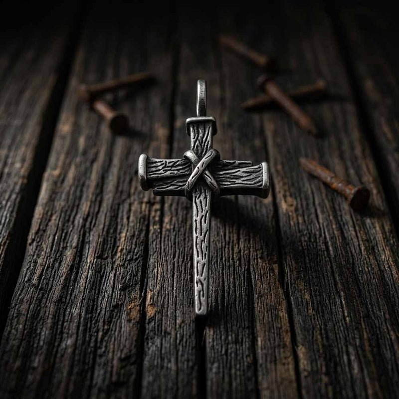 Retro Wooden Stake Cross Stainless Steel Pendant