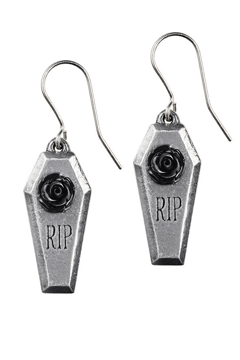 Rip Rose Coffin Earrings With Black Resin Rose Detail