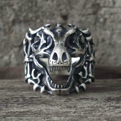 Roaring Tyrannosaurus Rex Skull Sterling Silver Ring