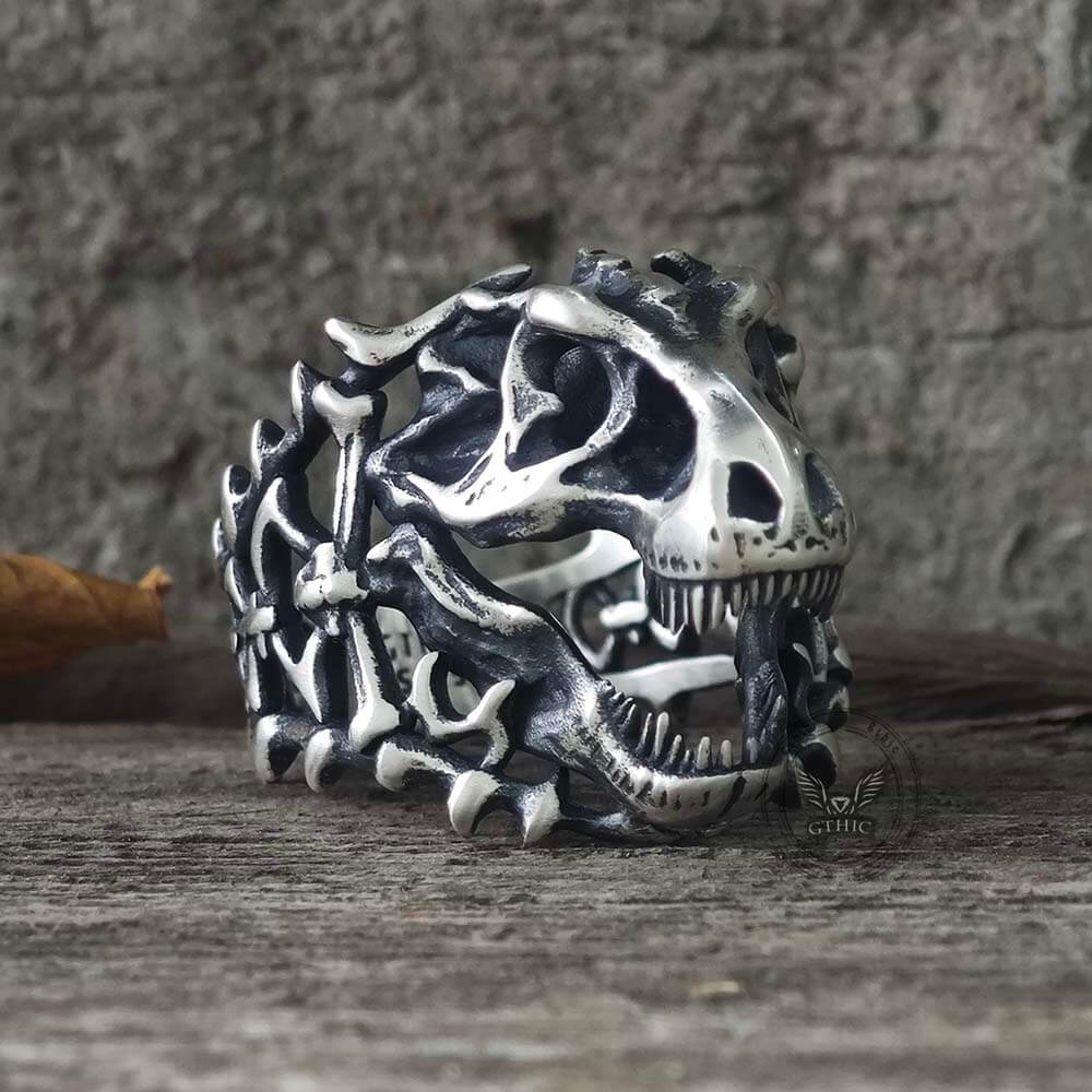 Roaring Tyrannosaurus Rex Skull Sterling Silver Ring