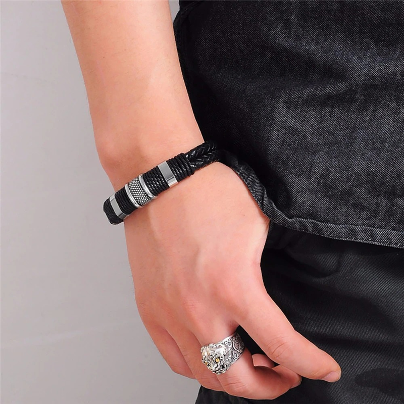 Rock Braid Leather Bracelet / and Bangle / Stainless Steel Jewel With Toggle