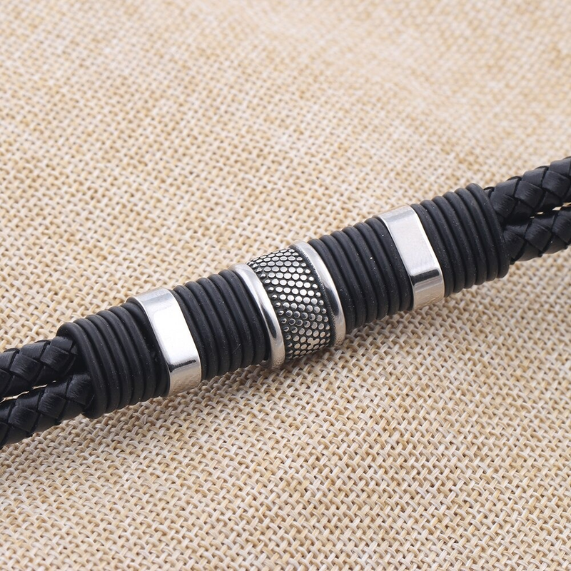 Rock Braid Leather Bracelet / and Bangle / Stainless Steel Jewel With Toggle