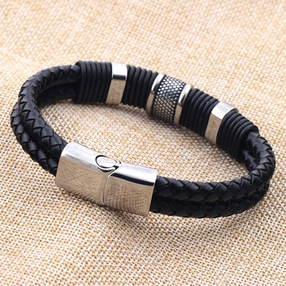 Rock Braid Leather Bracelet / and Bangle / Stainless Steel Jewel With Toggle