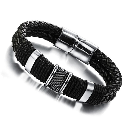 Rock Braid Leather Bracelet / and Bangle / Stainless Steel Jewel With Toggle