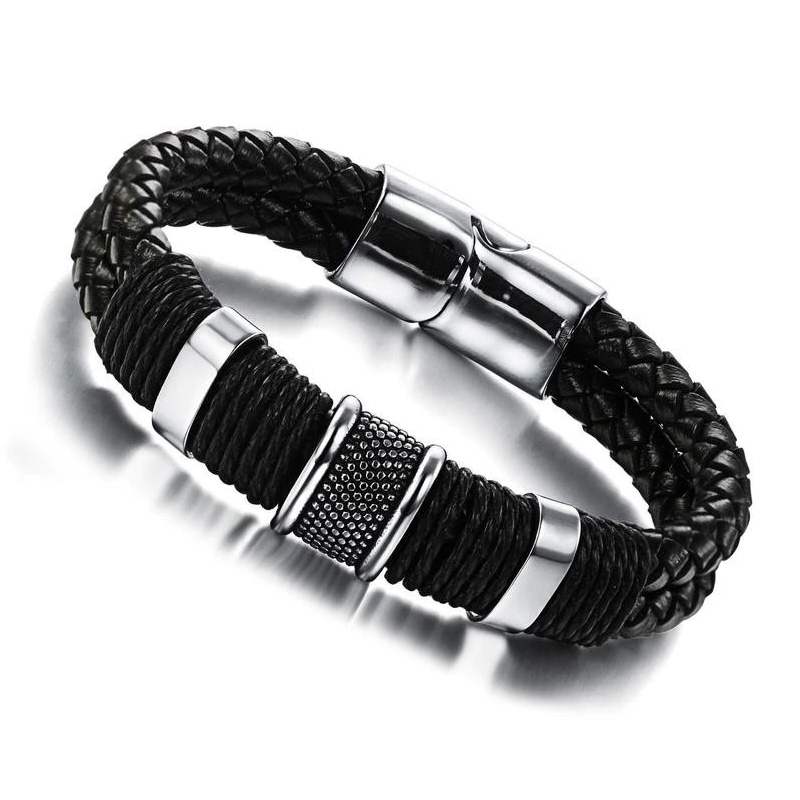 Rock Braid Leather Bracelet / and Bangle / Stainless Steel Jewel With Toggle