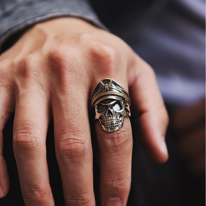 Rock Style Adjustable Ring With Pirate Captain Skull / 925 Sterling Silver Jewelry