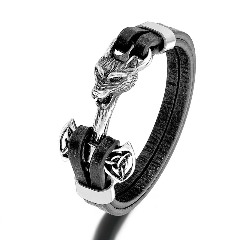 Rock Style Wolf Head Bracelet / Genuine Leather Bracelet / Stainless Steel Bracelet