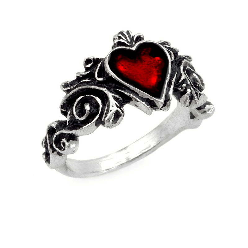 Romantic Gothic Ring With Red Heart and Design