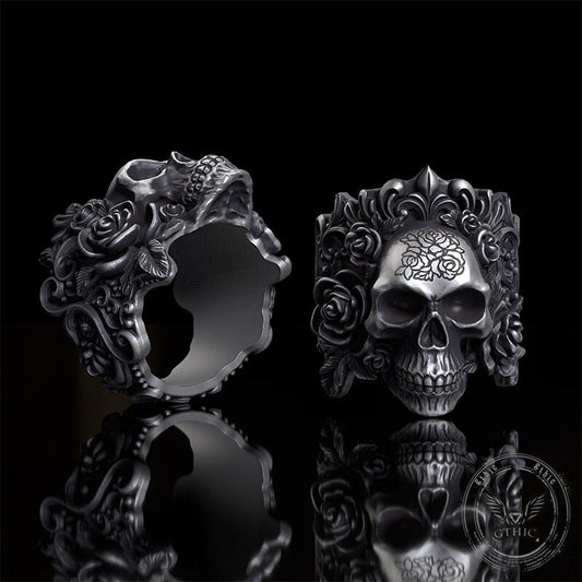 Rose Vine Pattern Skull Sterling Silver Ring