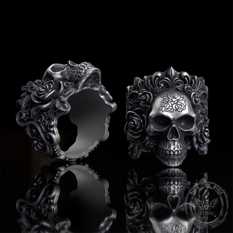 Rose Vine Pattern Skull Sterling Silver Ring