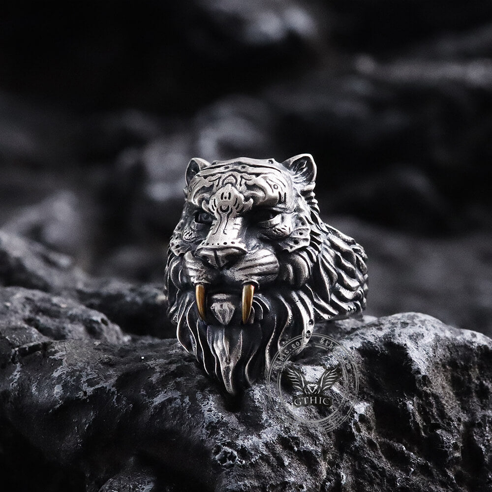 Saber-toothed Tiger Head Sterling Silver Ring