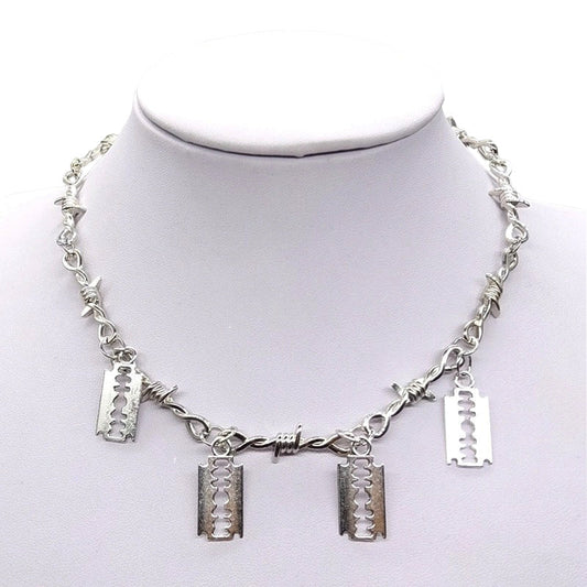 Iron Gothic Choker With Barbed Wire and Blades / and Thorns Necklace