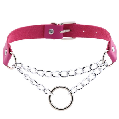 Silver Color Chain Necklace / Pu Leather Gothic Choker With Ring and Chain / Neck Jewelry