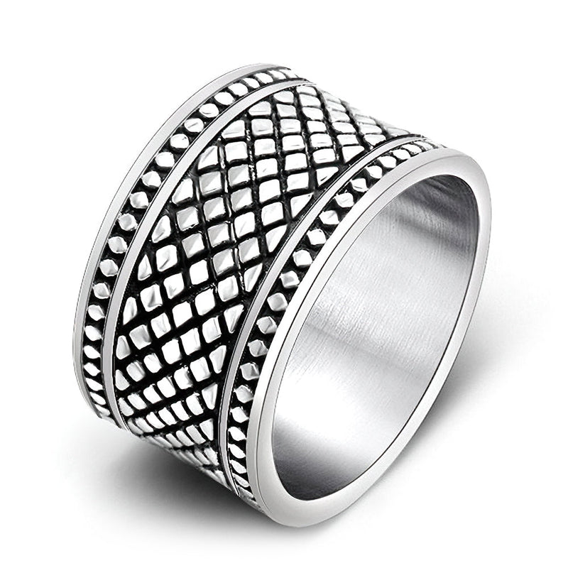 Silver Color Grid Pattern and Ring / Wide Finger Ring / Stainless Steel Jewelry