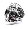 Silver Color Heavy Sugar Skull Ring / Mandala Flower Biker Jewelry / Cool Rings
