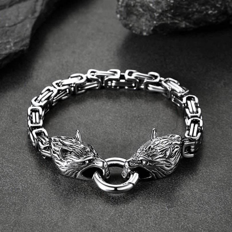 Viking Wolf Head Chain Bracelet Cuff Bangle Gift for